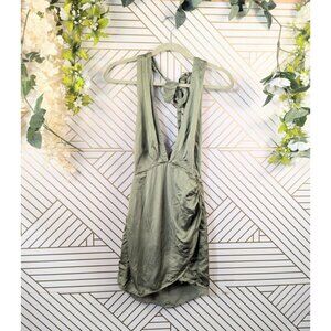 ZARA Women's Green Halter Tie Satin Deep V-Neck Mini Dress Party Size Small